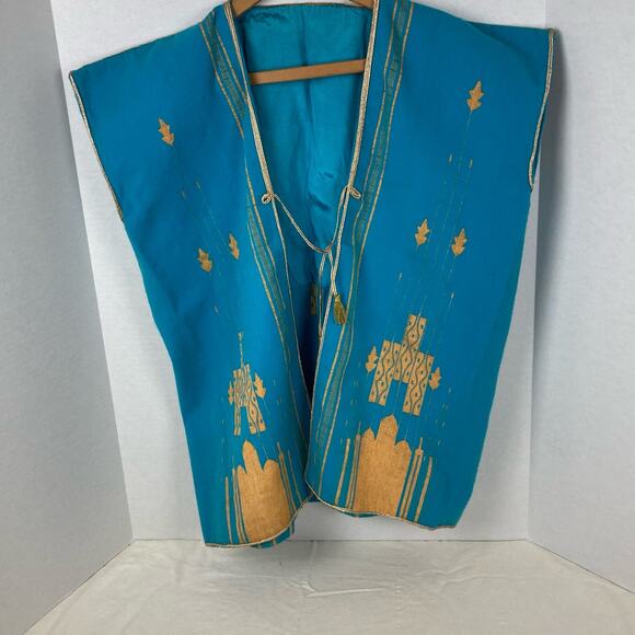 Ethnic Traditional Shirt Teal Blue Gold Tassel Ties Eastern Garment Karen Style - Picture 1 of 16